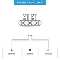bälte. låda. transportband. fabrik. linje företag strömma Diagram design med 3 steg. linje ikon för presentation bakgrund mall plats för text vektor
