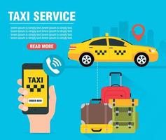Online-Taxi-Service-Konzept-Design flach. gelbes Taxiauto. jetzt taxi bestellen vektor