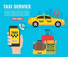 uppkopplad taxi service begrepp design platt. gul taxi bil. beställa nu taxi vektor