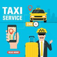 online-taxi-service-konzeptdesign flach. gelbes taxiauto mit taxifahrer vektor