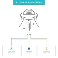 Raumschiff. Platz. Schiff. Rakete. Alien-Business-Flow-Chart-Design mit 3 Schritten. Liniensymbol für Präsentation Hintergrundvorlage Platz für Text vektor