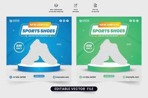 Werbe-Web-Banner-Vektor für Sportschuhe für Unternehmen. Sportturnschuh-Verkaufsvorlagendesign mit blauen und grünen Farben. exklusiver Schuhverkaufs-Social-Media-Postvektor für Online-Werbung. vektor