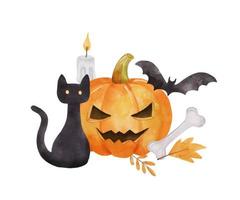 vattenfärg spöke, godis och svart katt. uppsättning av illustrationer för halloween isolerat på vit vektor