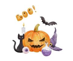 halloween sammansättning för kort. pumpa, fladdermus, häxa hatt och öga. ljus vattenfärg illustration isolerat på vit vektor