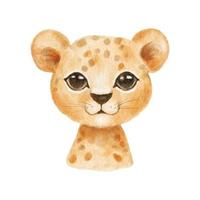 süßer Porträt-Gepardenkopf im Cartoon-Stil. Zeichnendes afrikanisches Babywildkatzengesicht lokalisiert auf weißem Hintergrund. aquarell süßer leopard vektor