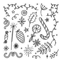 uppsättning av jul attribut kvistar koner krans vektor illustration klotter isolerat på vit bakgrund jul begrepp