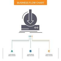 Zusatz. Inhalt. dlc. Download. Spiel Business Flow Chart-Design mit 3 Schritten. Glyphensymbol für Präsentationshintergrundvorlage Platz für Text. vektor