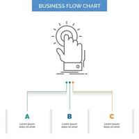 berühren. klicken. Hand. an. Beginnen Sie mit dem Design von Geschäftsflussdiagrammen in 3 Schritten. Liniensymbol für Präsentation Hintergrundvorlage Platz für Text vektor