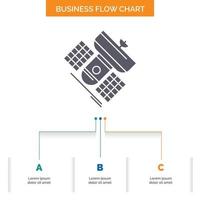 Übertragung. Rundfunk. Kommunikation. Satellit. Telekommunikationsgeschäfts-Flussdiagramm-Design mit 3 Schritten. Glyphensymbol für Präsentationshintergrundvorlage Platz für Text. vektor