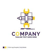 Logo-Design des Firmennamens für den Bau. Entwurf. sich entwickeln. skizzieren. Werkzeug. lila und gelbes markendesign mit platz für tagline. kreative Logo-Vorlage für kleine und große Unternehmen. vektor