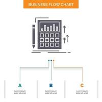 Buchhaltung. Prüfung. Banken. Berechnung. Taschenrechner-Business-Flow-Chart-Design mit 3 Schritten. Glyphensymbol für Präsentationshintergrundvorlage Platz für Text. vektor