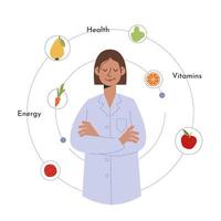 Ernährungswissenschaftler. konzept für gesunden lebensstil und bio-lebensmittel. Gesundheitsvorsorge. Vektorgrafik auf Lager im flachen Stil auf weißem Hintergrund. vektor