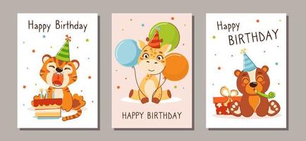 en uppsättning av barns hälsning kort med söt djur. födelsedag firande kort. vektor illustration