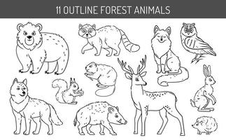 en uppsättning av skog djur på ett isolerat bakgrund. söt konturerad djur i tecknad serie stil vektor