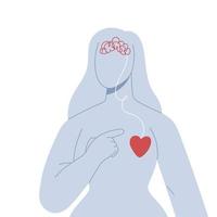 Harmonie von Herz und Gehirn. Eine Frau zeigt mit dem Finger auf ihr Herz. Psychologie-Konzept. flache vektorillustration. vektor
