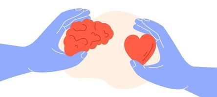 balans av sinne och hjärta. händer håll hjärna och hjärta. wellness begrepp. platt vektor illustration.