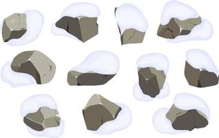 sammlung von steinen verschiedener formen im schnee. küstenkiesel, kopfsteinpflaster, kies, mineralien und geologische formationen. felsfragmente, felsbrocken und baumaterial. vektor