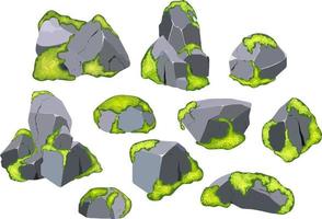 samling av stenar av olika former med grön moss.kustnära småsten, kullerstenar, grus, mineraler och geologisk formationer med grön lav.rock fragment, stenblock och byggnad material. vektor