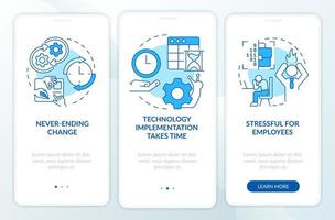 Nachteile der digitalen Transformation Blauer Onboarding-Bildschirm für mobile Apps. Komplettlösung 3 Schritte grafische Anleitungsseiten mit linearen Konzepten. ui, ux, gui-Vorlage. vektor