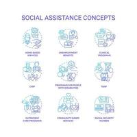 social bistånd blå lutning begrepp ikoner uppsättning. hjälp för behövande människor. Stöd program aning tunn linje Färg illustrationer. isolerat symboler. vektor