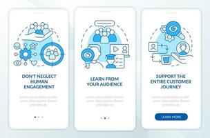 People First Mindset Blue beim Onboarding auf dem Bildschirm der mobilen App. Walkthrough für digitales Marketing 3 Schritte grafische Anleitungsseiten mit linearen Konzepten. ui, ux, gui-Vorlage. vektor
