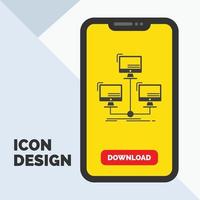 databas. distribuerad. förbindelse. nätverk. dator glyf ikon i mobil för ladda ner sida. gul bakgrund vektor