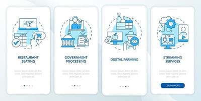 digital först tjänster blå onboarding mobil app skärm. e-handel genomgång 4 steg grafisk instruktioner sidor med linjär begrepp. ui, ux, gui mall. vektor