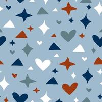 abstraktes kindisches Vektor nahtloses Muster. handgezeichnete sterne und herzen. einfache geometrische babyelemente auf blau. süßer skandinavischer hintergrund für kinderzimmerdruck, stoff, textil