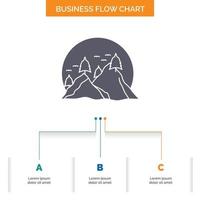 hügel. Landschaft. Natur. Berg. Sun-Business-Flow-Chart-Design mit 3 Schritten. Glyphensymbol für Präsentationshintergrundvorlage Platz für Text. vektor