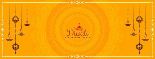 fröhliches diwali-fest gelbes banner mit hängenden lampendesign vektor