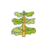 ein handgezeichneter Weihnachtsbaum. farbige Vektorillustration im Doodle-Stil. Winterstimmung. hallo 2023. frohe weihnachten und ein gutes neues jahr. Grüner Baum mit einem gelben und rosafarbenen Spielzeug auf weißem Hintergrund. vektor