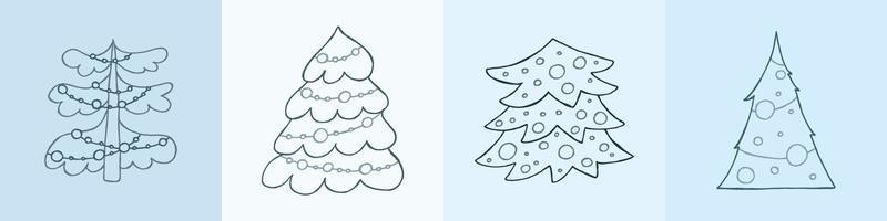en uppsättning handritade julgranar. vektor illustration i doodle stil. vinterstämning. hej 2023. god jul och gott nytt år. gråa element på en blå bakgrund.