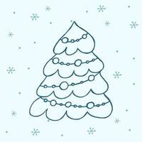 en handritad julgran. vektor illustration i doodle stil. vinterstämning. hej 2023. god jul och gott nytt år. mörkblått element med snöflingor på blå bakgrund.