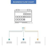 Kalender. Datum. Veranstaltung. Veröffentlichung. Planen Sie das Design von Geschäftsflussdiagrammen mit 3 Schritten. Liniensymbol für Präsentation Hintergrundvorlage Platz für Text vektor