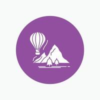 utforska. resa. berg. camping. ballonger vit glyf ikon i cirkel. vektor knapp illustration