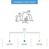 kulle. landskap. natur. berg. träd företag strömma Diagram design med 3 steg. linje ikon för presentation bakgrund mall plats för text vektor