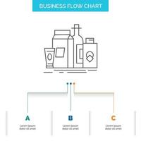 Verpackung. Branding. Marketing. Produkt. Flasche Business Flow Chart-Design mit 3 Schritten. Liniensymbol für Präsentation Hintergrundvorlage Platz für Text vektor