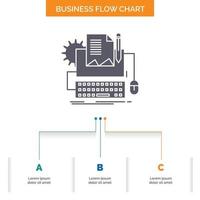 Schreibmaschine. Papier. Computer. Papier. Tastatur-Business-Flow-Chart-Design mit 3 Schritten. Glyphensymbol für Präsentationshintergrundvorlage Platz für Text. vektor