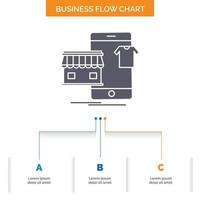 Einkaufen. Kleider. Kaufen. online. Shop-Business-Flow-Chart-Design mit 3 Schritten. Glyphensymbol für Präsentationshintergrundvorlage Platz für Text. vektor