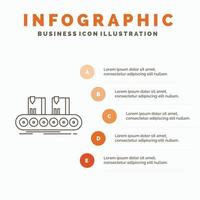 bälte. låda. transportband. fabrik. linje infographics mall för hemsida och presentation. linje grå ikon med orange infographic stil vektor illustration