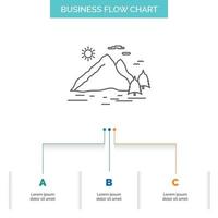 Natur. hügel. Landschaft. Berg. Sun-Business-Flow-Chart-Design mit 3 Schritten. Liniensymbol für Präsentation Hintergrundvorlage Platz für Text vektor