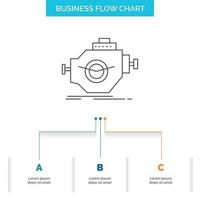 Motor. Industrie. Maschine. Motor. Performance-Business-Flow-Chart-Design mit 3 Schritten. Liniensymbol für Präsentation Hintergrundvorlage Platz für Text vektor