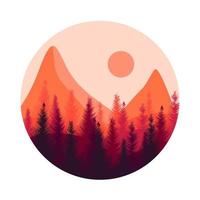 Logo mit Bergen und Wald. Bergwald bei Sonnenuntergang rundes Logo. Vektor-Logo. vektor