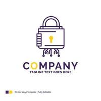 Logo-Design des Firmennamens für Sicherheit. Cyber. sperren. Schutz. sicher. lila und gelbes markendesign mit platz für tagline. kreative Logo-Vorlage für kleine und große Unternehmen. vektor