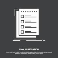 überprüfen. Checkliste. aufführen. Aufgabe. Symbol zu tun. Glyphenvektorsymbol für ui und ux. Website oder mobile Anwendung vektor