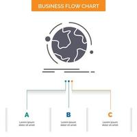 Globus. Welt. entdecken. Verbindung. Netzwerk-Business-Flussdiagramm-Design mit 3 Schritten. Glyphensymbol für Präsentationshintergrundvorlage Platz für Text. vektor