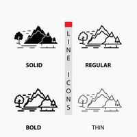 kulle. landskap. natur. berg. träd ikon i tunn. regelbunden. djärv linje och glyf stil. vektor illustration
