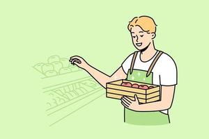 Mann in Uniform, der im Supermarkt arbeitet. männlicher mitarbeiter beschäftigt im obstladen oder geschäft. Besetzung. Vektor-Illustration. vektor