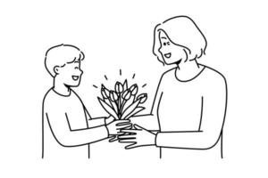 leende pojke barn närvarande blommor till mogna mormor. Lycklig unge ge blommig bukett till äldre mormor på särskild tillfälle. vektor illustration.