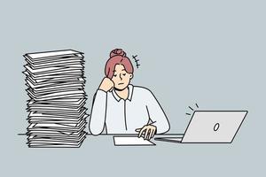 Müde, unmotivierte Geschäftsfrau sitzt mit einem Stapel Papierkram am Schreibtisch. erschöpfte mitarbeiterin, die mit papierdokumenten überfordert ist. Burnout. Vektor-Illustration. vektor